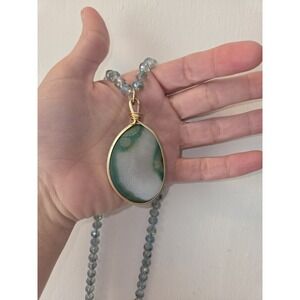 Oval Agate Pendant Necklace Wire Wrapped Beaded Chain Blue Green Gold
